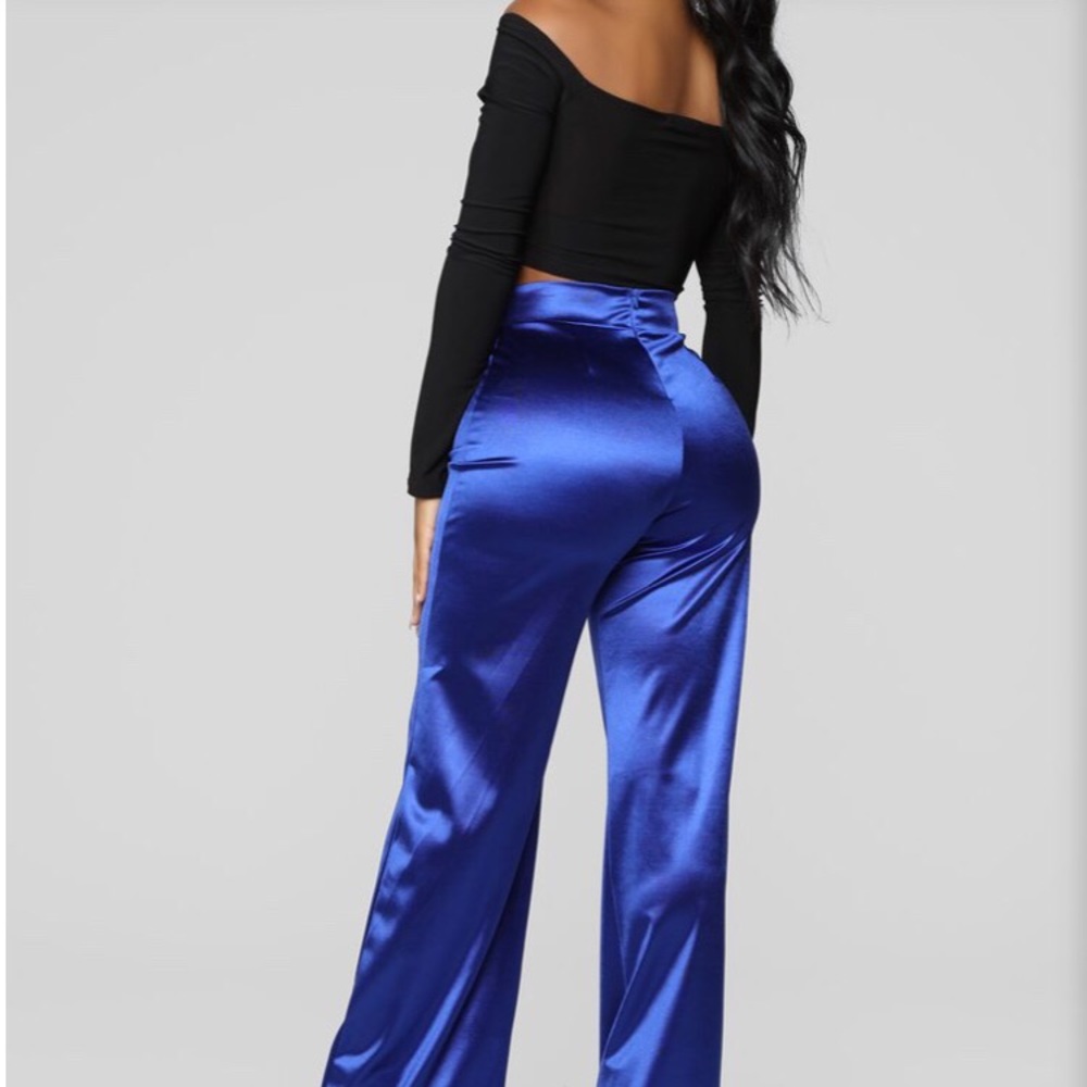Fashion Nova Royal Blue Satin Flare Pants